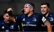 12 October 2018; Seán Cronin of Leinster celebrates after scoring his side's first try with Garry Ringrose, left, and Luke McGrath, right, during the Heineken Champions Cup Pool 1 Round 1 match between Leinster and Wasps at the RDS Arena in Dublin. Photo by Ramsey Cardy/Sportsfile