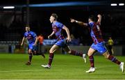 12 October 2018; Ciaran Kelly of Drogheda United, centre, celebrates with teammates after scoring his side's first goal during the SSE Airtricity League Promotion / Relegation Play-off Series 1st leg match between Drogheda United and Finn Harps at United Park in Louth. Photo by Sam Barnes/Sportsfile