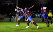 12 October 2018; Ciaran Kelly, left, of Drogheda United celebrates after scoring his side's first goal with teammates including William Hondermarck, right, and Chris Lyons during the SSE Airtricity League Promotion / Relegation Play-off Series 1st leg match between Drogheda United and Finn Harps at United Park in Louth. Photo by Sam Barnes/Sportsfile