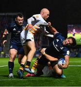 12 October 2018; James Lowe of Leinster is tackled by Joe Simpson, left, and Josh Bassett of Wasps during the Heineken Champions Cup Pool 1 Round 1 match between Leinster and Wasps at the RDS Arena in Dublin. Photo by Ramsey Cardy/Sportsfile