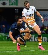 12 October 2018; James Lowe of Leinster dives over to score his side's third try during the Heineken Champions Cup Pool 1 Round 1 match between Leinster and Wasps at the RDS Arena in Dublin. Photo by Ramsey Cardy/Sportsfile