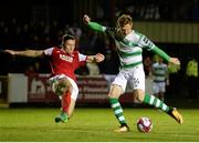 12 October 2018; Gary Shaw of Shamrock Rovers in action against Jamie Lennon of St. Patrick's Athletic during the SSE Airtricity League Premier Division match between St Patrick's Athletic and Shamrock Rovers at Richmond Park in Dublin. Photo by Ben McShane/Sportsfile