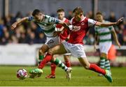 12 October 2018; Joel Coustrain of Shamrock Rovers in action against Jamie Lennon of St. Patrick's Athletic during the SSE Airtricity League Premier Division match between St Patrick's Athletic and Shamrock Rovers at Richmond Park in Dublin. Photo by Ben McShane/Sportsfile