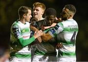 12 October 2018; Dan Carr of Shamrock Rovers, centre, celebrates after scoring his side's first goal with teammates, from left, Sean Kavanagh, Brandon Kavanagh, and Roberto Lopes during the SSE Airtricity League Premier Division match between St Patrick's Athletic and Shamrock Rovers at Richmond Park in Dublin. Photo by Ben McShane/Sportsfile