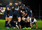 12 October 2018; Jack McGrath of Leinster celebrates scoring his side's eight try with team-mates during the Heineken Champions Cup Pool 1 Round 1 match between Leinster and Wasps at the RDS Arena in Dublin. Photo by Brendan Moran/Sportsfile