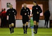 12 October 2018; Officials, from left, assistant referee Deniss Sevcenko, referee Mareks Kere and assistant referee Alexsejs Griscenko warm-up prior to the SSE Airtricity League Premier Division match between St Patrick's Athletic and Shamrock Rovers at Richmond Park in Dublin. Photo by Ben McShane/Sportsfile