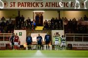 12 October 2018; Captains, Ian Bermingham of St. Patrick's Athletic, left, and Ronan Finn of Shamrock Rovers lead their teams out prior to the SSE Airtricity League Premier Division match between St Patrick's Athletic and Shamrock Rovers at Richmond Park in Dublin. Photo by Ben McShane/Sportsfile