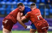 12 October 2018; Ed Byrne of Leinster A is tackled by Josh Wycherley and Cronan Gleeson of Munster A during the Celtic Cup Round 6 match between Leinster A and Munster A at Energia Park in Dublin. Photo by Matt Browne/Sportsfile