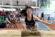 13 October 2018; Elizabeth Tigue of Colaiste Mhuire Ballymote, Co. Sligo, competing in the Junior Girls Long Jump event during the Irish Life Health All-Ireland Schools Combined Events at AIT in Athlone, Co Westmeath. Photo by Sam Barnes/Sportsfile