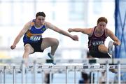 13 October 2018; Tony O'Connor of Naas CBS, Co. Kildare, left, and Ryan McNeilis of Presentation College Athenry, Co. Galway, competing in the Senior Boys 60m Hurdles event  during the Irish Life Health All-Ireland Schools Combined Events at AIT in Athlone, Co Westmeath. Photo by Sam Barnes/Sportsfile