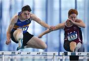 13 October 2018; Tony O'Connor of Naas CBS, Co. Kildare, left, and Ryan McNeilis of Presentation College Athenry, Co. Galway, competing in the Senior Boys 60m Hurdles event  during the Irish Life Health All-Ireland Schools Combined Events at AIT in Athlone, Co Westmeath. Photo by Sam Barnes/Sportsfile