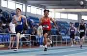 13 October 2018; Alan Miley of St. Kevins Dunlavin, Co. Wicklow, left, and Wymin Sivakumar of Coláiste an Spioraid Naoimh Bishopstown, Co. Cork, competing in the Intermediate Boys 200m event during the Irish Life Health All-Ireland Schools Combined Events at AIT in Athlone, Co Westmeath. Photo by Sam Barnes/Sportsfile
