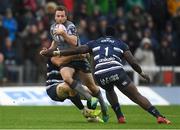 13 October 2018; Jack Carty of Connacht is tackled by Luke Braid, left, and theirry Paiva of Bordeaux Begles during the European Rugby Challenge Cup Pool 3 Round 1 match between Connacht and Bordeaux Begles at The Sportsground in Galway. Photo by Piaras Ó Mídheach/Sportsfile