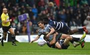 13 October 2018; Jack Carty of Connacht is tackled by Luke Braid, left, and theirry Paiva of Bordeaux Begles as referee Mike Adamson looks on during the European Rugby Challenge Cup Pool 3 Round 1 match between Connacht and Bordeaux Begles at The Sportsground in Galway. Photo by Piaras Ó Mídheach/Sportsfile