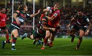 13 October 2018; Will Addison of Ulster goes over to score his side's second try despite the attemted tackle from Adam Thompstone and Sam Harrison, left, of Leicester Tigers during the Heineken Champions Cup Round Pool 4 Round 1 match between Ulster and Leicester Tigers at Kingspan Stadium, Belfast. Photo by David Fitzgerald/Sportsfile