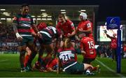 13 October 2018; Jacob Stockdale of Ulster, centre, celebrates his side's second try scored by Will Addison during the Heineken Champions Cup Round Pool 4 Round 1 match between Ulster and Leicester Tigers at Kingspan Stadium, Belfast. Photo by David Fitzgerald/Sportsfile