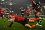 13 October 2018; Jacob Stockdale of Ulster scores his side's third try despite the attempted tackle by Sam Harrison of Leicester Tigers during the Heineken Champions Cup Pool 4 Round 1 match between Ulster and Leicester Tigers at Kingspan Stadium, Belfast. Photo by David Fitzgerald/Sportsfile