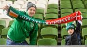 13 October 2018; Republic of Ireland supporters Anthony Keating, left, with his son Tommy, age 6, from Graiguecullen, Co Carlow prior to the UEFA Nations League B group four match between Republic of Ireland and Denmark at the Aviva Stadium in Dublin. Photo by Harry Murphy/Sportsfile