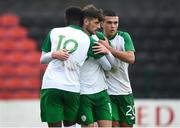 13 October 2018; Troy Parrott of Republic of Ireland, centre, celebrates with team-mates Jonathan Afolabi, left, and Ali Reghba during the 2018/19 UEFA Under-19 European Championships - Qualifying Round match between Republic of Ireland and Faroe Islands at City Calling Stadium, Longford. Photo by Barry Cregg/Sportsfile