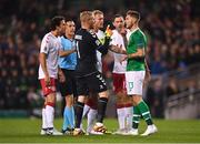 13 October 2018; Kasper Schmeichel of Denmark confronts Jeff Hendrick of Republic of Ireland during the UEFA Nations League B group four match between Republic of Ireland and Denmark at the Aviva Stadium in Dublin. Photo by Ramsey Cardy/Sportsfile