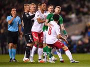 13 October 2018; James McClean of Republic of Ireland tussles with Thomas Delaney, right, and Mathias Jørgensen of Denmark during the UEFA Nations League B group four match between Republic of Ireland and Denmark at the Aviva Stadium in Dublin. Photo by Ramsey Cardy/Sportsfile