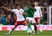 13 October 2018; Cyrus Christie of Republic of Ireland in action against Thomas Delaney of Denmark during the UEFA Nations League B group four match between Republic of Ireland and Denmark at the Aviva Stadium in Dublin. Photo by Ramsey Cardy/Sportsfile