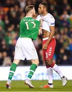 13 October 2018; James McClean of Republic of Ireland tussles with Mathias Jørgensen of Denmark during the UEFA Nations League B group four match between Republic of Ireland and Denmark at the Aviva Stadium in Dublin. Photo by Stephen McCarthy/Sportsfile
