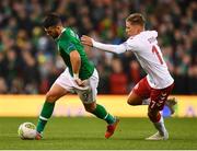 13 October 2018; Shane Long of Republic of Ireland in action against Jens Stryger Larsen of Denmark during the UEFA Nations League B group four match between Republic of Ireland and Denmark at the Aviva Stadium in Dublin. Photo by Ramsey Cardy/Sportsfile