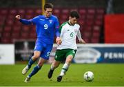 13 October 2018; Aaron Bolger of Republic of Ireland in action against Steffan Lokin of Faroe Islands during the 2018/19 UEFA Under-19 European Championships Qualifying Round match between Republic of Ireland and Faroe Islands at the City Calling Stadium in Longford. Photo by Barry Cregg/Sportsfile