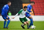 13 October 2018; Aaron Bolger of Republic of Ireland in action against Hanus Sorensen, left, and Steffan Lokin of Faroe Islands during the 2018/19 UEFA Under-19 European Championships Qualifying Round match between Republic of Ireland and Faroe Islands at the City Calling Stadium in Longford. Photo by Barry Cregg/Sportsfile