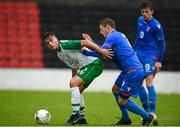 13 October 2018; Jordan Doherty of Republic of Ireland in action against Hanus Sorensen of Faroe Islands during the 2018/19 UEFA Under-19 European Championships Qualifying Round match between Republic of Ireland and Faroe Islands at the City Calling Stadium in Longford. Photo by Barry Cregg/Sportsfile