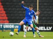 13 October 2018; Steffan Lokin of Faroe Islands in action against Lee O'Connor of Republic of Ireland during the 2018/19 UEFA Under-19 European Championships Qualifying Round match between Republic of Ireland and Faroe Islands at the City Calling Stadium in Longford. Photo by Barry Cregg/Sportsfile