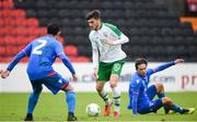 13 October 2018; Troy Parrott of Republic of Ireland in action against Sjurdur Nielsen, left, and Steffan Lokin of Faroe Islands during the 2018/19 UEFA Under-19 European Championships Qualifying Round match between Republic of Ireland and Faroe Islands at the City Calling Stadium in Longford. Photo by Barry Cregg/Sportsfile