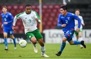 13 October 2018; Adam Idah of Republic of Ireland in action against Sjurdur Nielsen of Faroe Islands during the 2018/19 UEFA Under-19 European Championships Qualifying Round match between Republic of Ireland and Faroe Islands at the City Calling Stadium in Longford. Photo by Barry Cregg/Sportsfile