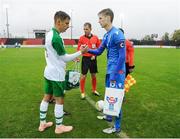 13 October 2018; Republic of Ireland captain Lee O'Connor shakes hands with Faroe Islands captain Magnus Holm Jacobsen prior to the 2018/19 UEFA Under-19 European Championships Qualifying Round match between Republic of Ireland and Faroe Islands at the City Calling Stadium in Longford. Photo by Barry Cregg/Sportsfile