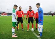 13 October 2018; Referee Giorgi Kruashvili performs the coin toss alongside Republic of Ireland captain Lee O'Connor and Faroe Islands captain Magnus Holm Jacobsen prior to the 2018/19 UEFA Under-19 European Championships Qualifying Round match between Republic of Ireland and Faroe Islands at the City Calling Stadium in Longford. Photo by Barry Cregg/Sportsfile