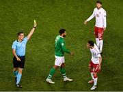 13 October 2018; Referee Javier Estrada shows Thomas Delaney of Denmark a yellow card during the UEFA Nations League B group four match between Republic of Ireland and Denmark at the Aviva Stadium in Dublin. Photo by Sam Barnes/Sportsfile