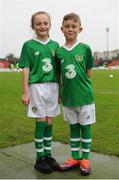 13 October 2018; Republic of Ireland mascots Abbie Coleman, age 10, from Finglas, Co Dublin, and Carrigh O'Connor age 7, from Ballbriggan, Co Dublin, prior to the 2018/19 UEFA Under-19 European Championships Qualifying Round match between Republic of Ireland and Faroe Islands at the City Calling Stadium in Longford. Photo by Barry Cregg/Sportsfile