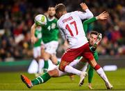 13 October 2018; Jens Stryger Larsen of Denmark is tackled by Matt Doherty of Republic of Ireland during the UEFA Nations League B group four match between Republic of Ireland and Denmark at the Aviva Stadium in Dublin. Photo by Ramsey Cardy/Sportsfile