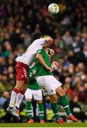13 October 2018; Shane Long of Republic of Ireland in action against Thomas Delaney of Denmark during the UEFA Nations League B group four match between Republic of Ireland and Denmark at the Aviva Stadium in Dublin. Photo by Harry Murphy/Sportsfile