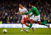 13 October 2018; Thomas Delaney of Denmark is tackled by Cyrus Christie of Republic of Ireland during the UEFA Nations League B group four match between Republic of Ireland and Denmark at the Aviva Stadium in Dublin. Photo by Ramsey Cardy/Sportsfile