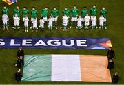 13 October 2018; The Republic of Ireland team, with mascots and flag bearers ahead of the UEFA Nations League B group four match between Republic of Ireland and Denmark at the Aviva Stadium in Dublin. Photo by Sam Barnes/Sportsfile