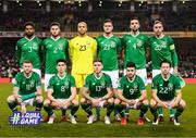 13 October 2018; The Republic of Ireland team, back row, from left, Cyrus Christie, Matt Doherty, Darren Randolph, Kevin Long, Shane Duffy and Richard Keogh, with, front row, James McClean, Callum O'Dowda, Jeff Hendrick, Shane Long and Harry Arter prior to the UEFA Nations League B group four match between Republic of Ireland and Denmark at the Aviva Stadium in Dublin.  Photo by Stephen McCarthy/Sportsfile