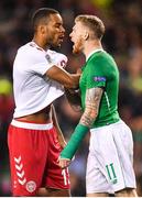 13 October 2018; Mathias Jørgensen of Denmark tussles with James McClean of Republic of Ireland during the UEFA Nations League B group four match between Republic of Ireland and Denmark at the Aviva Stadium in Dublin. Photo by Ramsey Cardy/Sportsfile