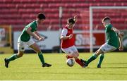 14 October 2018; Ross Fay of St. Patrick's Athletic in action against Fintan Cody of Cork City during the National Under 15 Cup Final match between St. Patrick's Athletic and Cork City at Richmond Park in Inchicore, Dublin. Photo by Tom Beary/Sportsfile