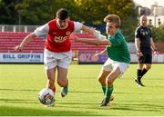 14 October 2018; Cian Kavanagh of St. Patrick's Athletic in action against Dylan O'Halloran of Cork City during the National Under 15 Cup Final match between St. Patrick's Athletic and Cork City at Richmond Park in Inchicore, Dublin. Photo by Tom Beary/Sportsfile