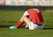 14 October 2018; Cian Kavanagh of  St. Patrick's Athletic after picking up an injury whilst scoring his side's first goal during the National Under 15 Cup Final match between St. Patrick's Athletic and Cork City at Richmond Park in Inchicore, Dublin. Photo by Tom Beary/Sportsfile
