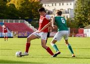 14 October 2018; Cian Kavanagh of St. Patrick's Athletic in action against Dylan O'Halloran of Cork City during the National Under 15 Cup Final match between St. Patrick's Athletic and Cork City at Richmond Park in Inchicore, Dublin. Photo by Tom Beary/Sportsfile