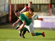 14 October 2018; Rob Walsh of Cork City is fouled by Joshua Keeley of St. Patrick's Athletic during the National Under 15 Cup Final match between St. Patrick's Athletic and Cork City at Richmond Park in Inchicore, Dublin. Photo by Tom Beary/Sportsfile