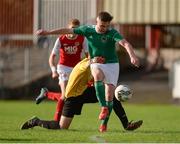 14 October 2018; Rob Walsh of Cork City in action against Joshua Keeley of St. Patrick's Athletic during the National Under 15 Cup Final match between St. Patrick's Athletic and Cork City at Richmond Park in Inchicore, Dublin. Photo by Tom Beary/Sportsfile